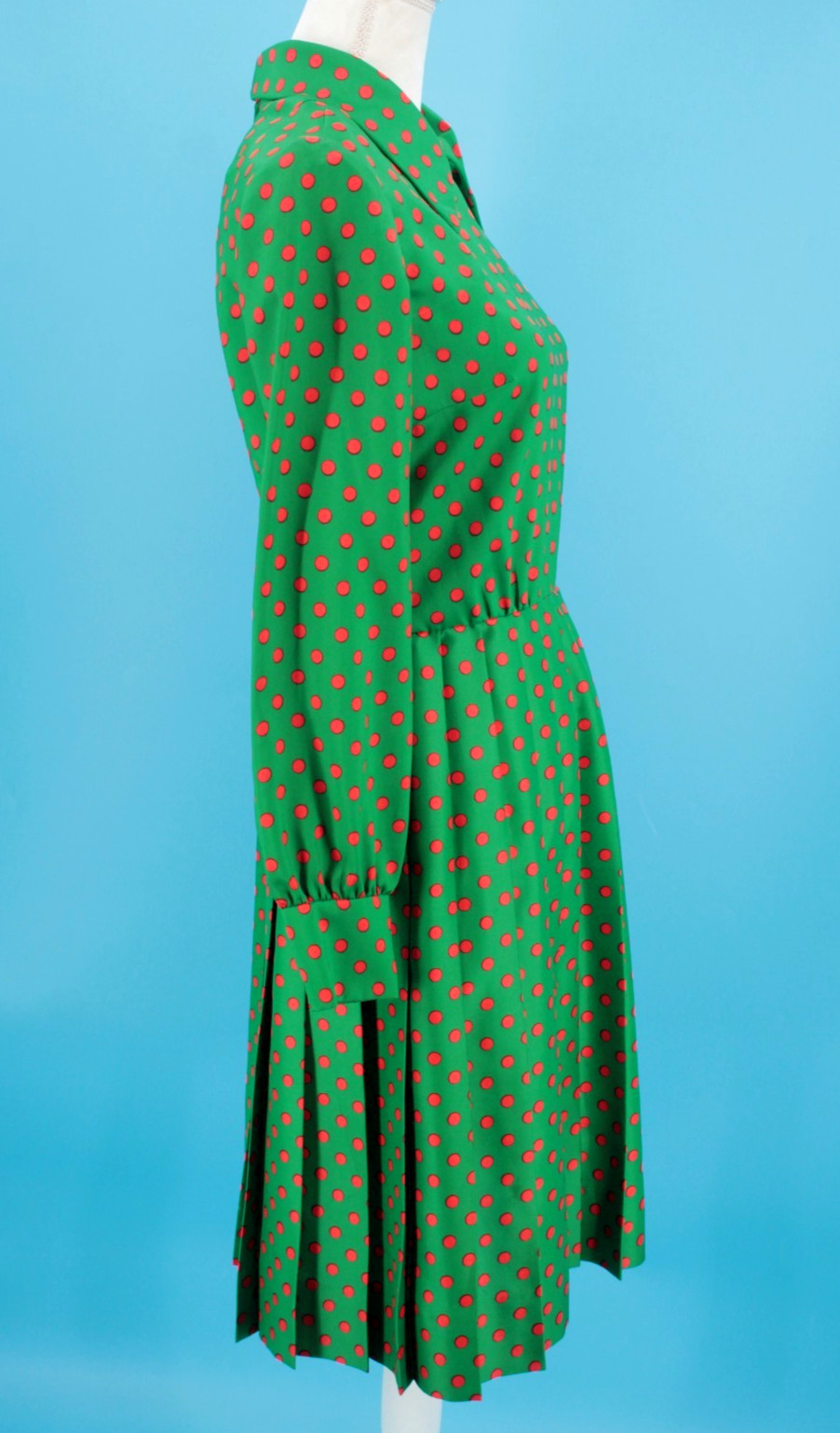 VTG 60s Green & Red Polka Dot Mod Pleated Skirt Dress Sz M 1960s Carlye