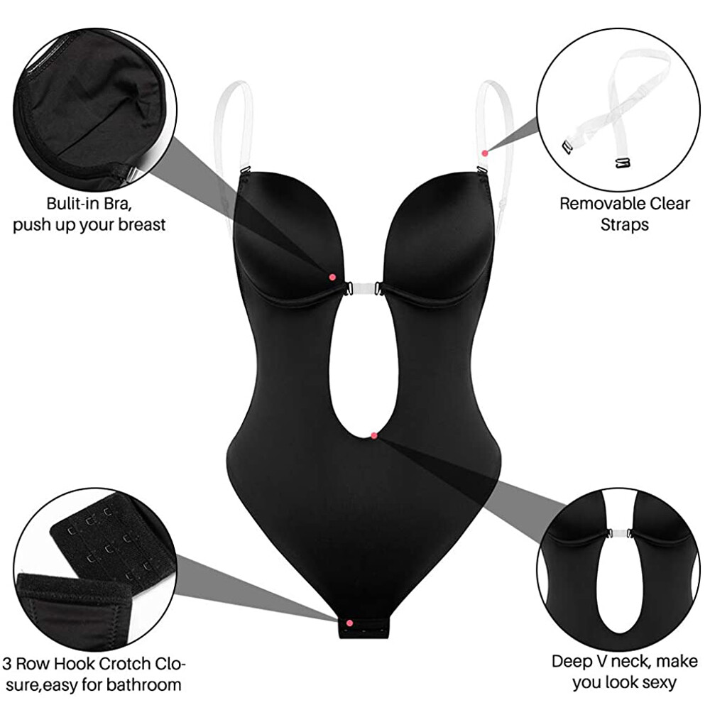 Women Deep V Neck Body Shaper Backless U Plunge Thong Bodysuit Push Up Shapewear
