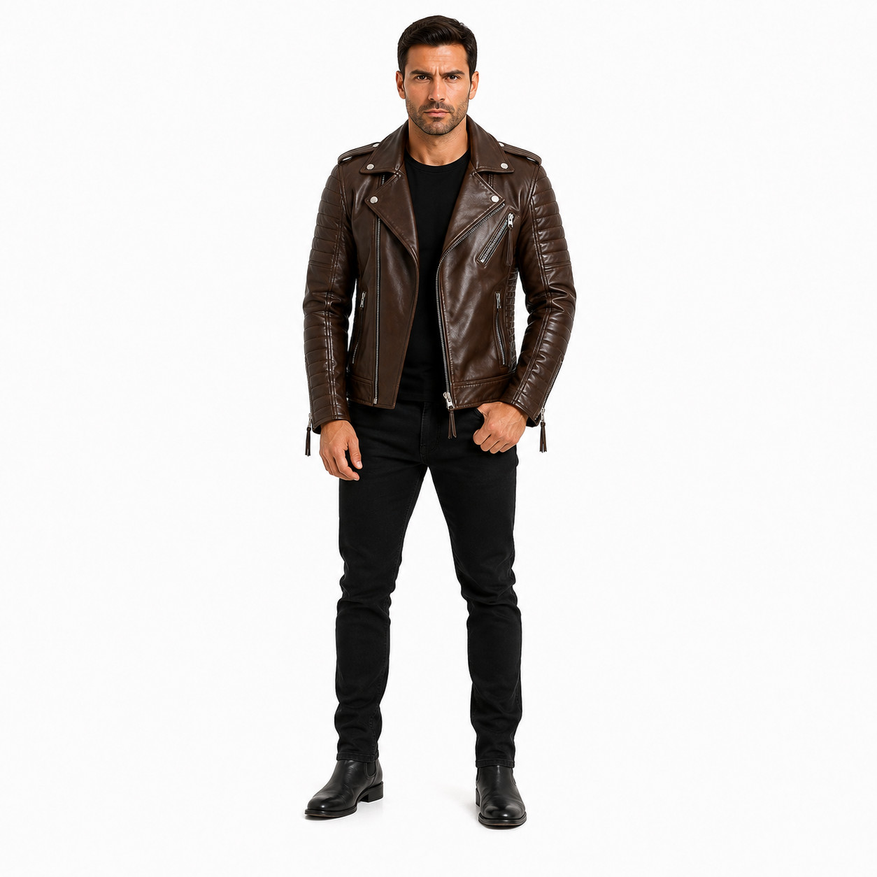 Men’s Dark Brown Real Lambskin Leather Biker Jacket Quilted Motorcycle Moto Coat