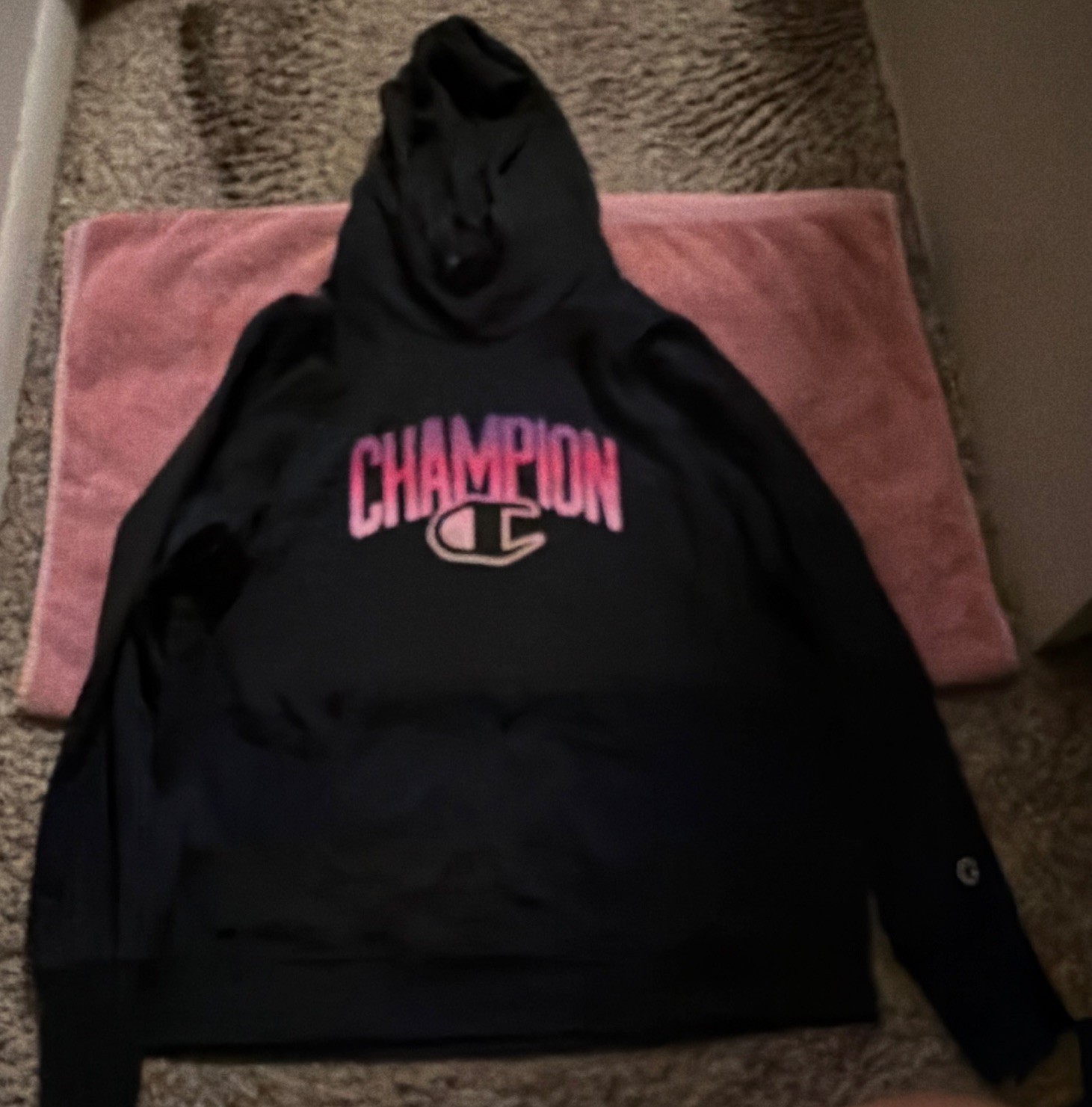 Champion Powerblend Women’s L Black Pullover Hoodie Pink Logo Fleece Pockets