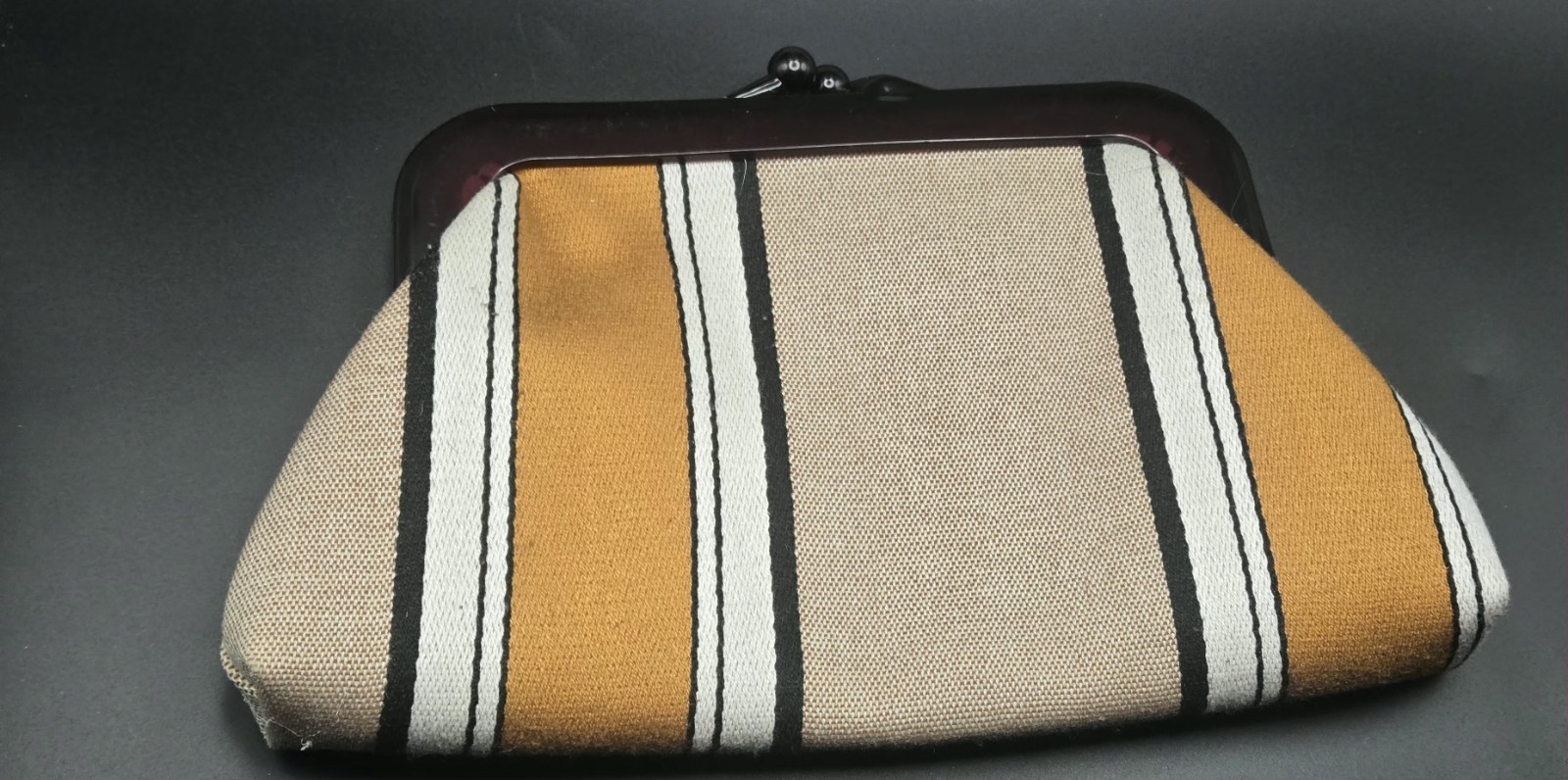 Striped Fabric Frame Handbag Brown Tan White Black Plastic Clasp Purse