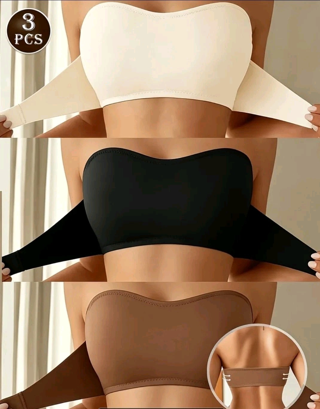 3pcs Detachable Padded Wireless Strapless Bra Women’s Size XL