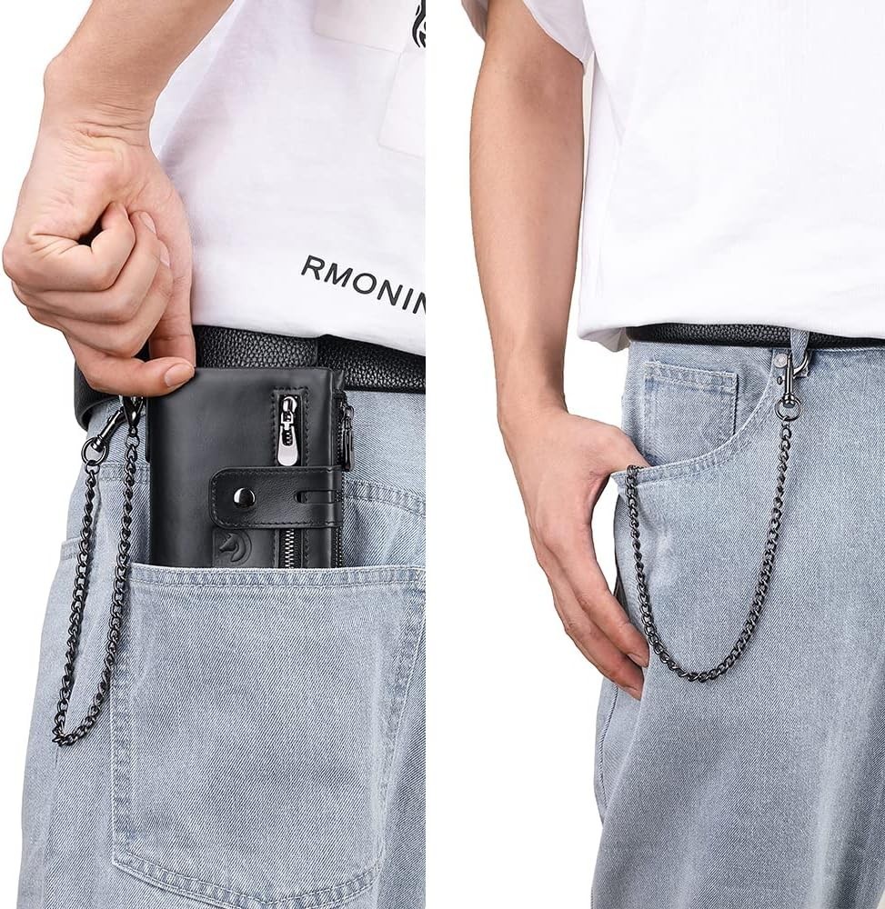 Bill Heart Mens Wallet with Chain Genuine Leather Purse RFID Blocking Bifold Dou