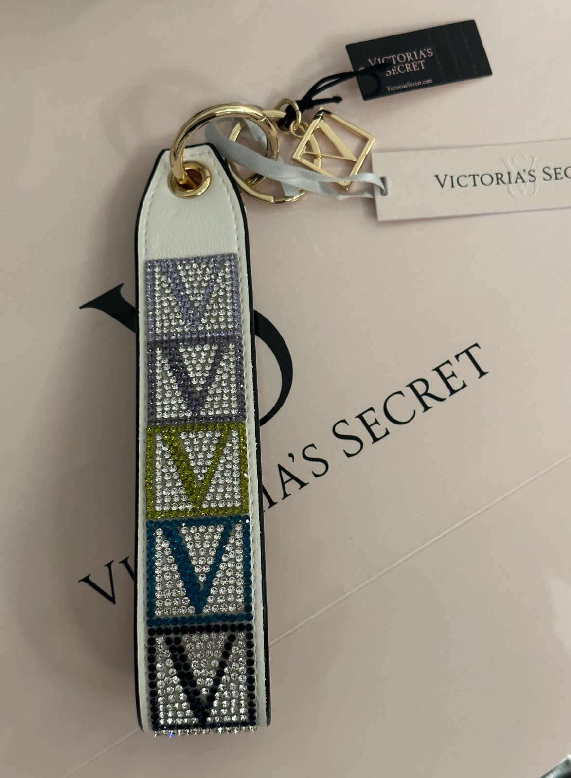 Victoria’s Secret Rhinestone Keychain Wristlet Strap colorblock White V logo