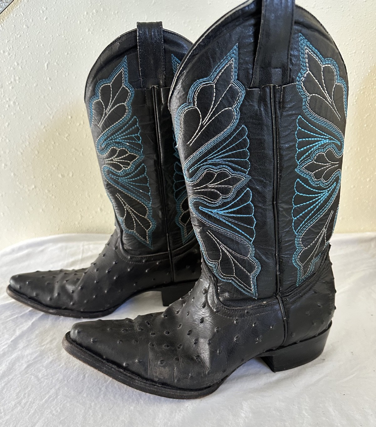 John Davis Cowboy Boots Black Ostrich Embossed Blue Butterfly Stitching W 9 M 7