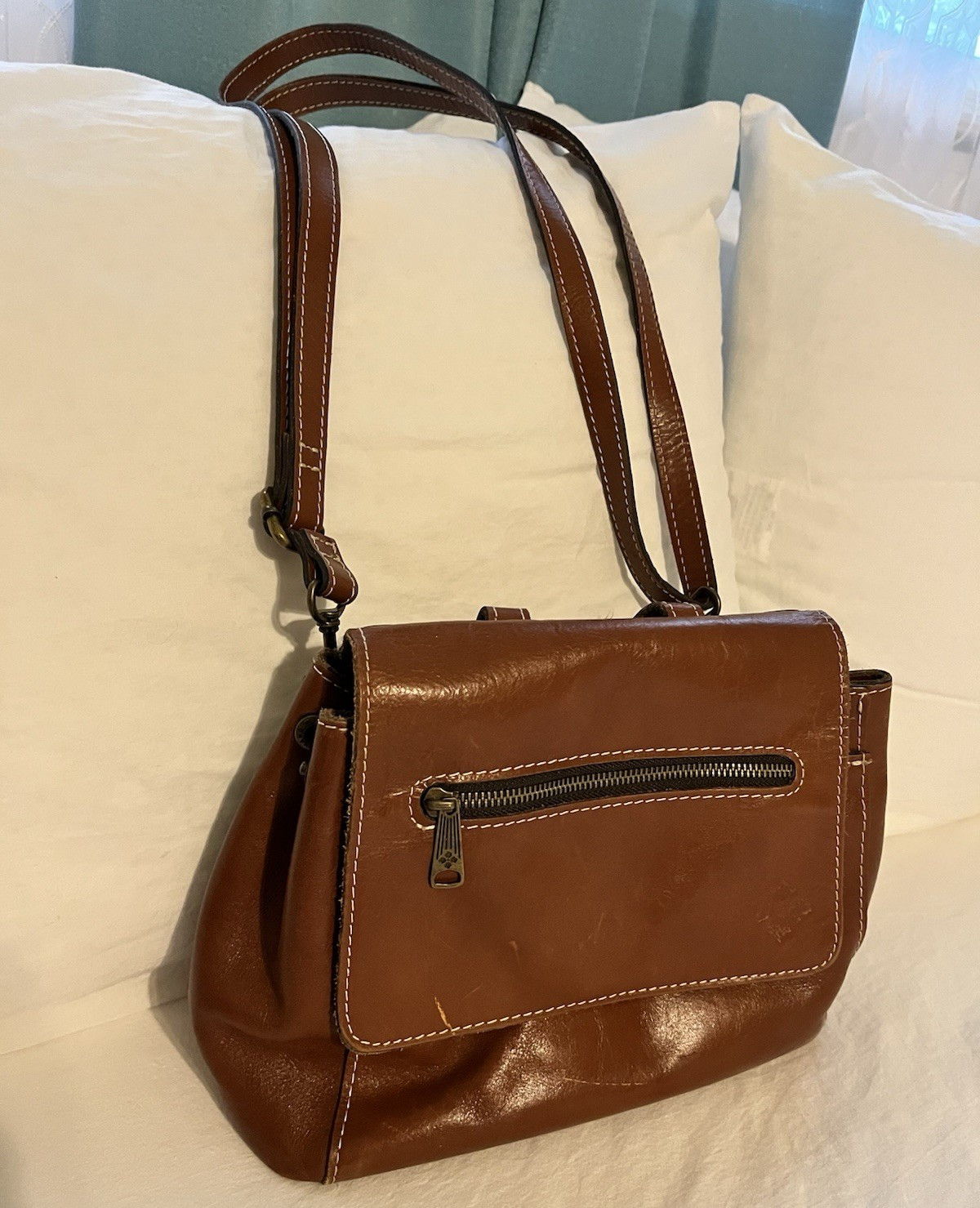 Patricia Nash Brown Shoulder Bag Flap Magnetic Closure Zip Pocket Gold Hardware