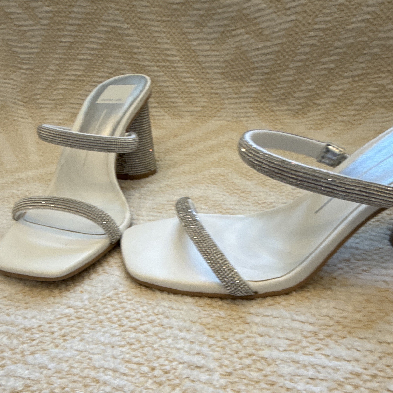 Dolce Vita White/Silver Rhinestone Strappy Square Toe Slip-On Block Heel 8
