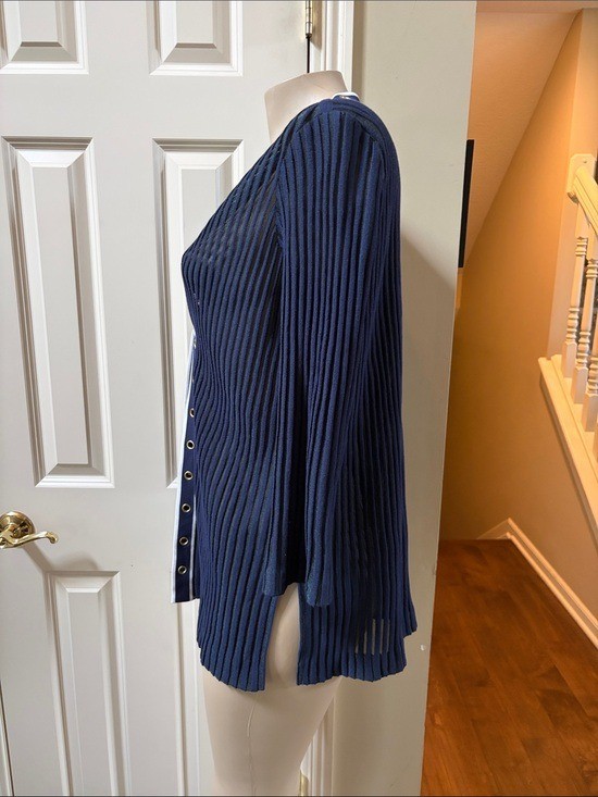 Ming Wang Navy Ribbed Cardigan with White Trim and Gold hardware, small