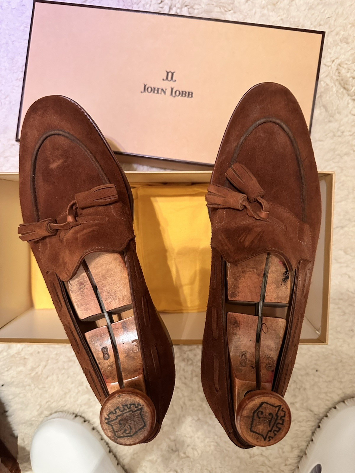 John Lobb Men’s Brown Suede Tassel Dress Loafers Slip-On Leather US 9E