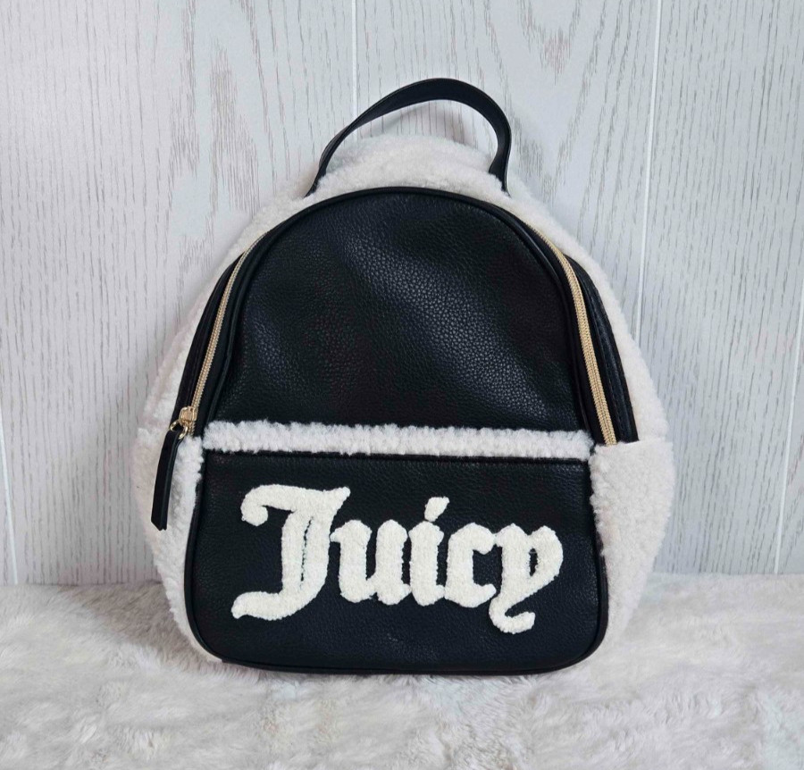 Juicy Couture Y2K Black & White Faux Sherpa Flashback Small Plush Backpack Purse