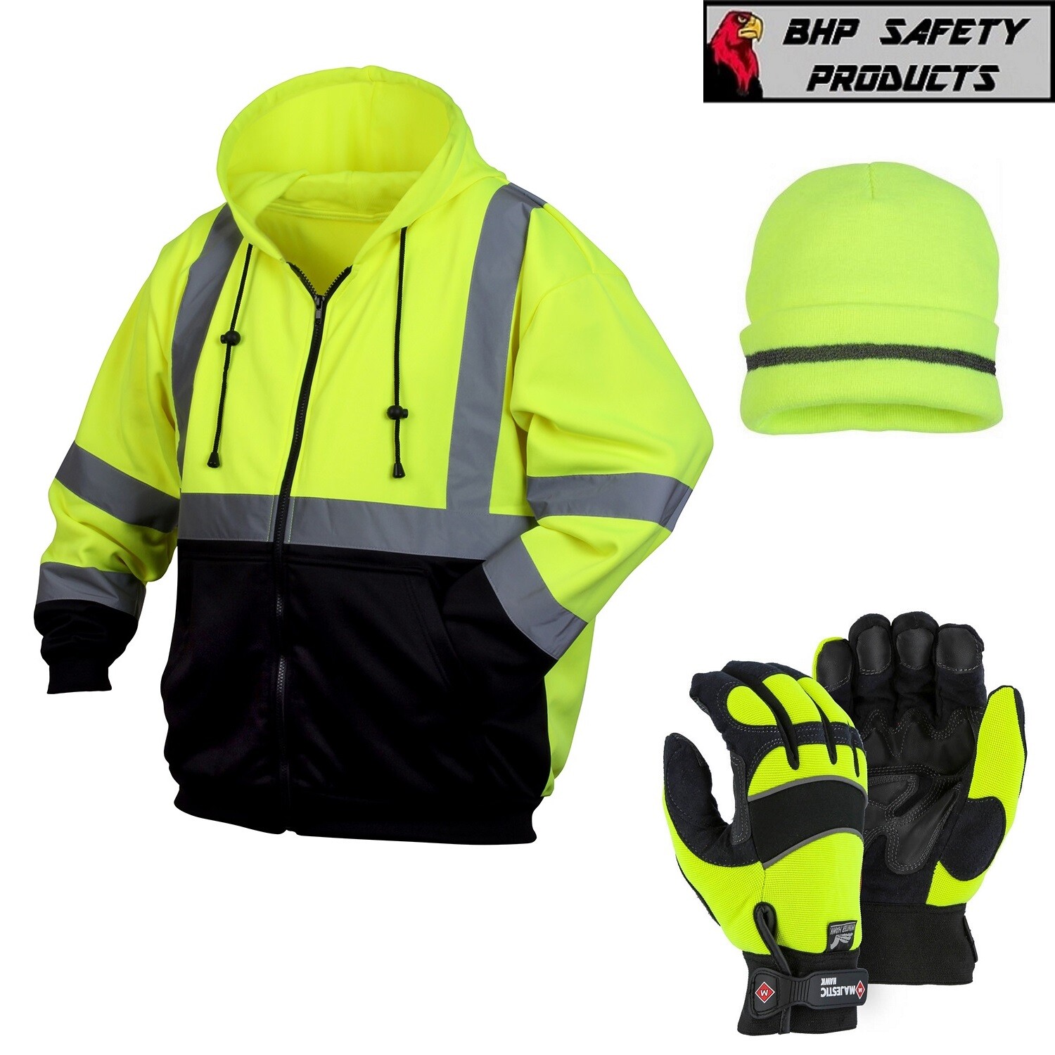 Hi-Vis Lime Class 3 Pullover Safety Sweatshirt w/Zipper Jacket with Gloves & Hat