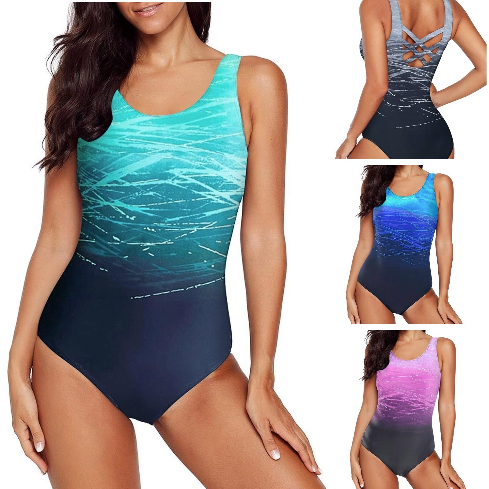 Womens Swimming Costume Tummy Control One Piece X Back U-neckline