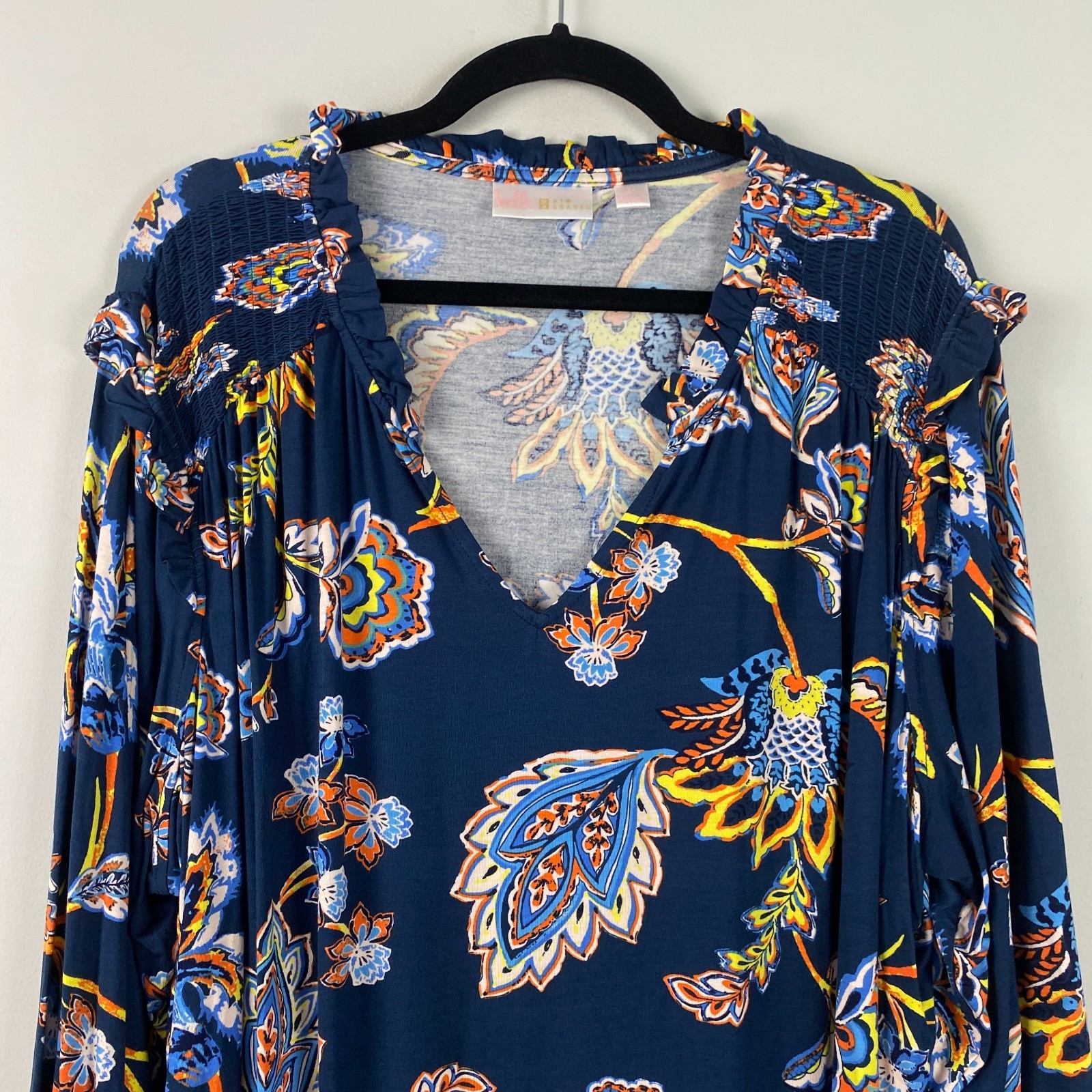 Belle by Kim Gravel Rayon Spandex Think Spring Knit Blouse Size 2X Blue Floral