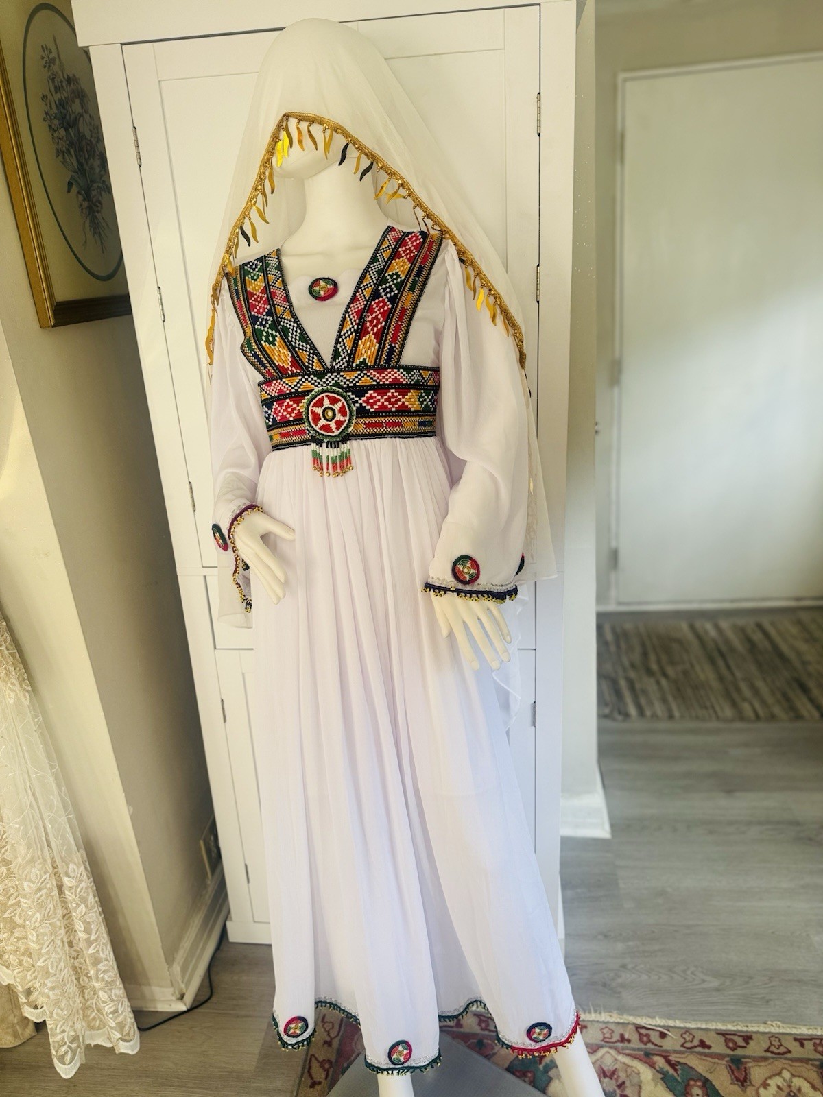 Handmade Women’s White afghan dress chiffon embroidered Dress with Veil,