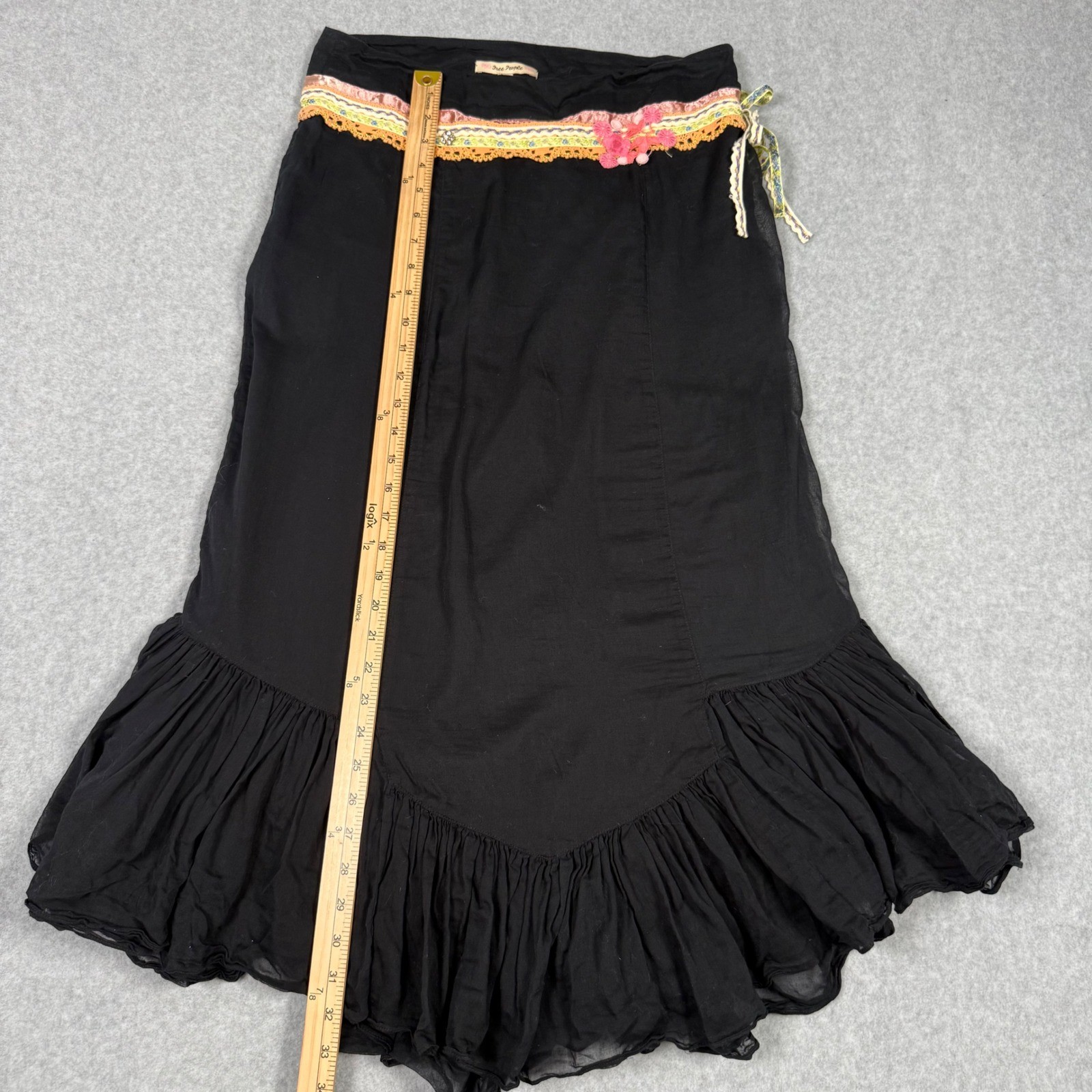 Free People Vintage Y2K Fairy Core Black Boho Ruffle Midi Skirt Ribbon Lace 8
