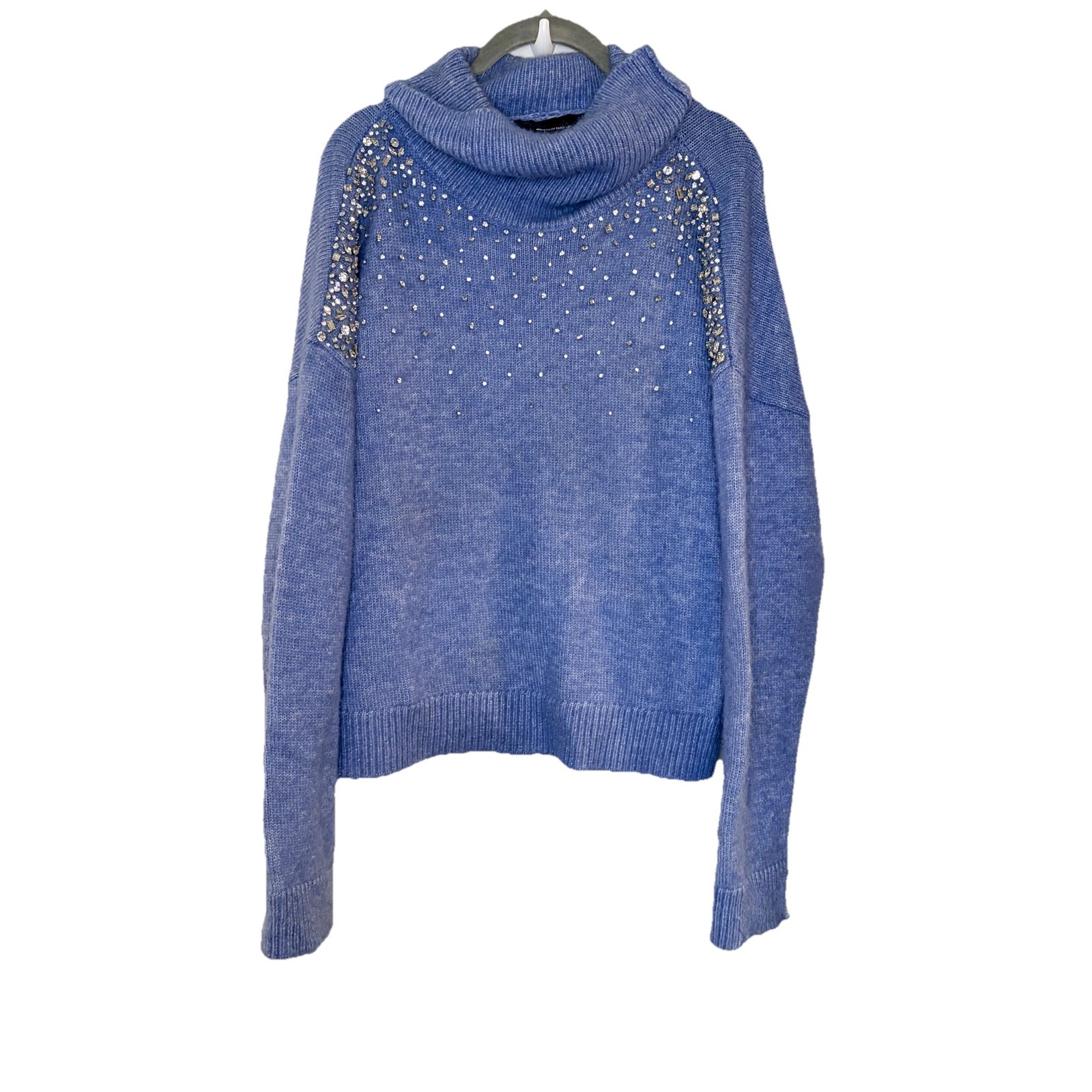 White House Black Market Bling Rhinestone Embellished Cowl Neck Blue Sweater L