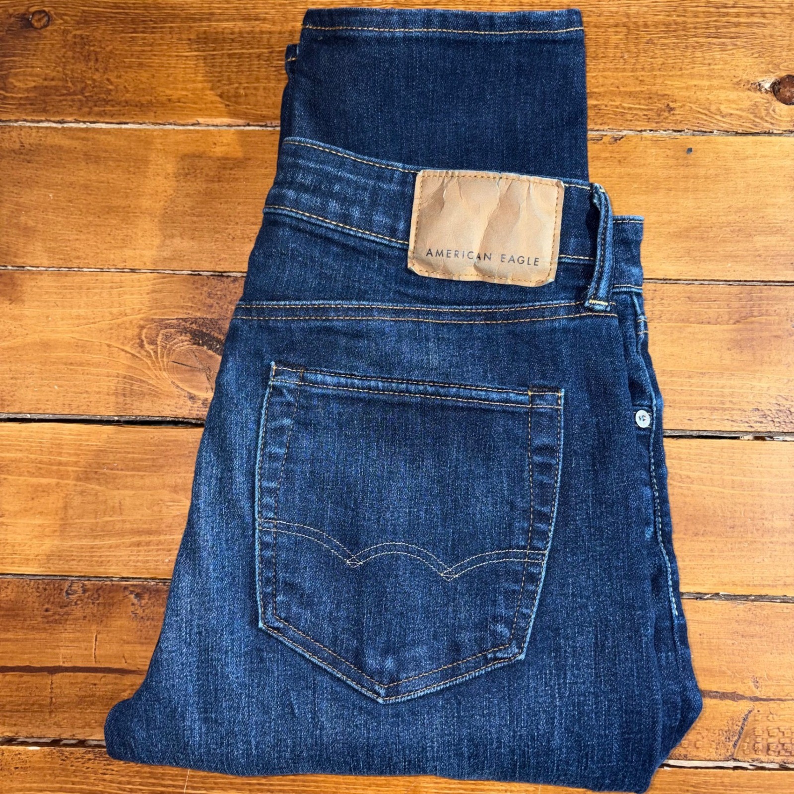 American Eagle Athletic Fit Jeans Mens 30×32 (Meas 32×30) Dark Wash Airflex