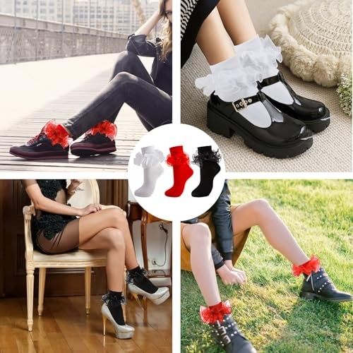 Women Big Ruffle Ankle Socks Double Lace 9-11 3 Pairs – White, Red, Black