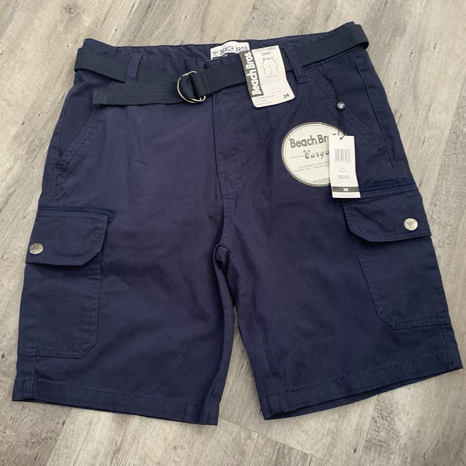 Beach Bros. Utility Cargo Shorts Mens Sz 36 Blue Belted 100% Cotton 11” Ins NEW