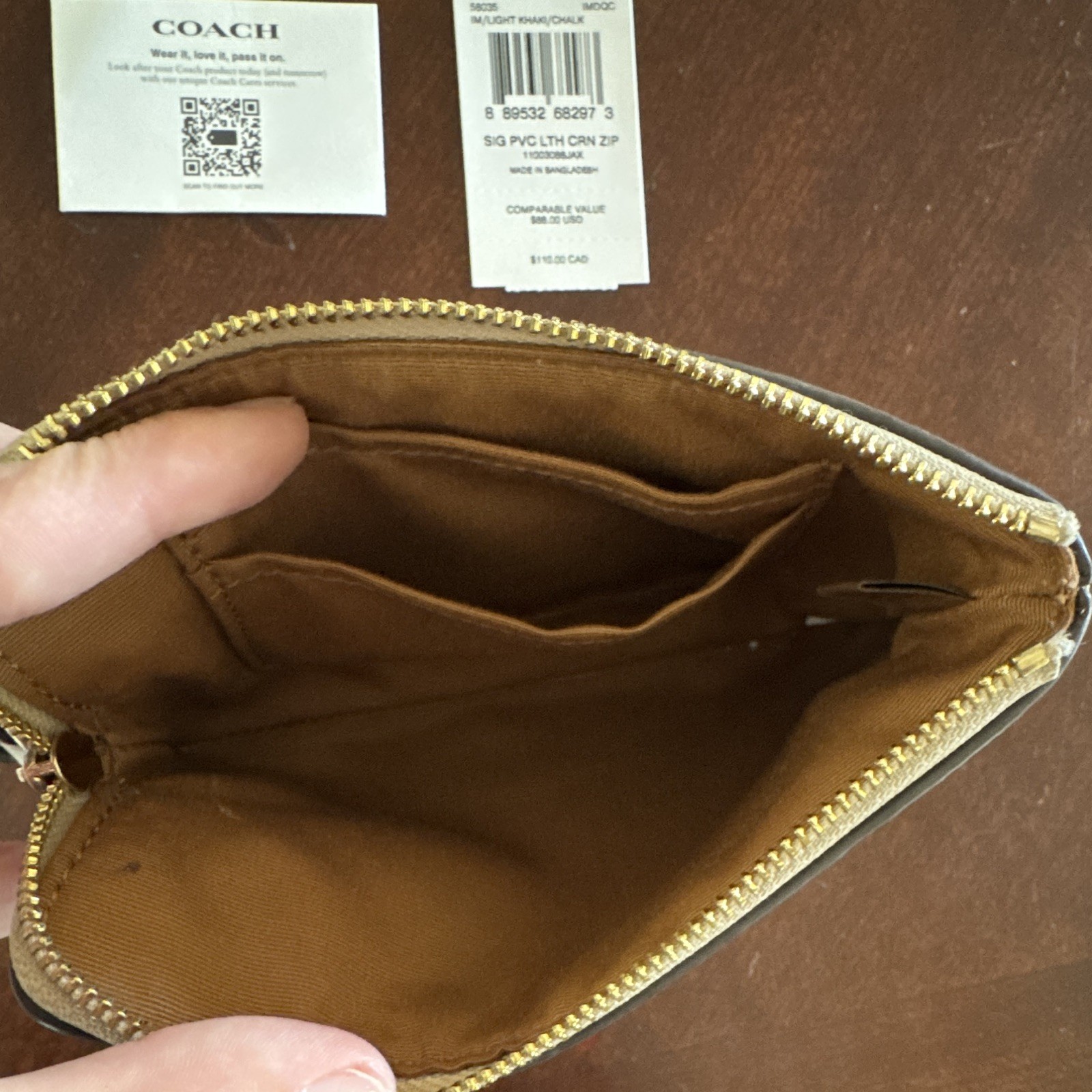Coach Signature Logo Corner Zip Wristlet w/ Inner Pockets, Khaki/Chalk