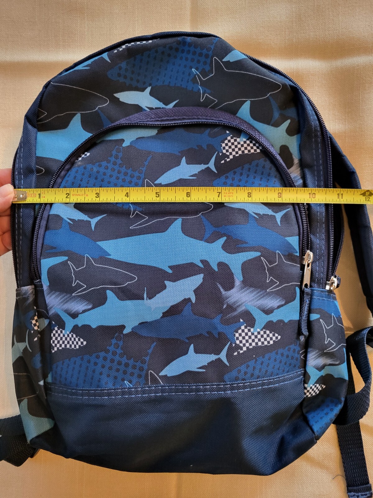 SMALL CHILD’S BLUE SHARK PRINT BACKPACK – APPROX 15″ X 11″ – GOOD CONDITION