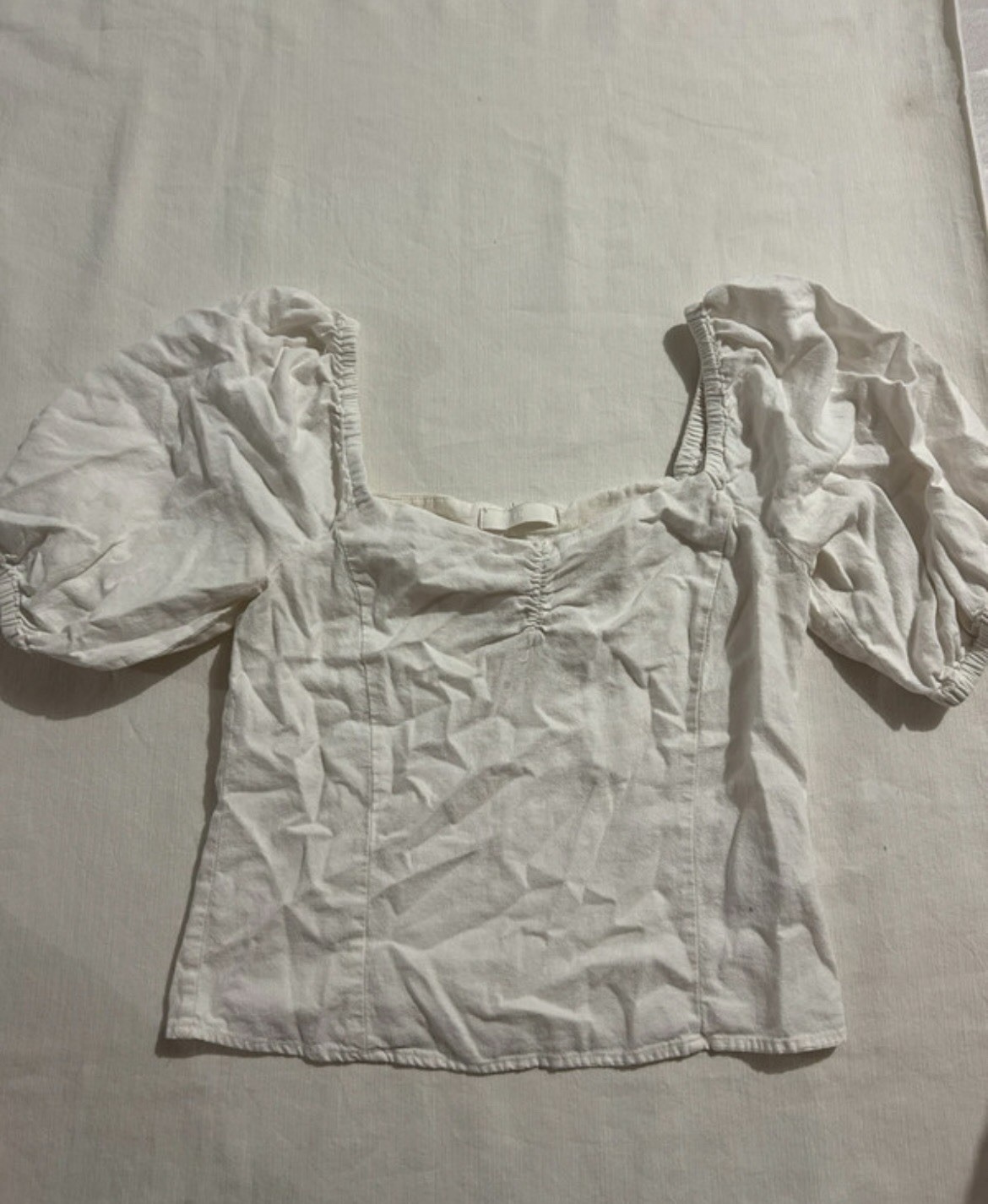 H&M White Linen Blend Ruffle Puff Sleeve Square Neck Crop Blouse XS