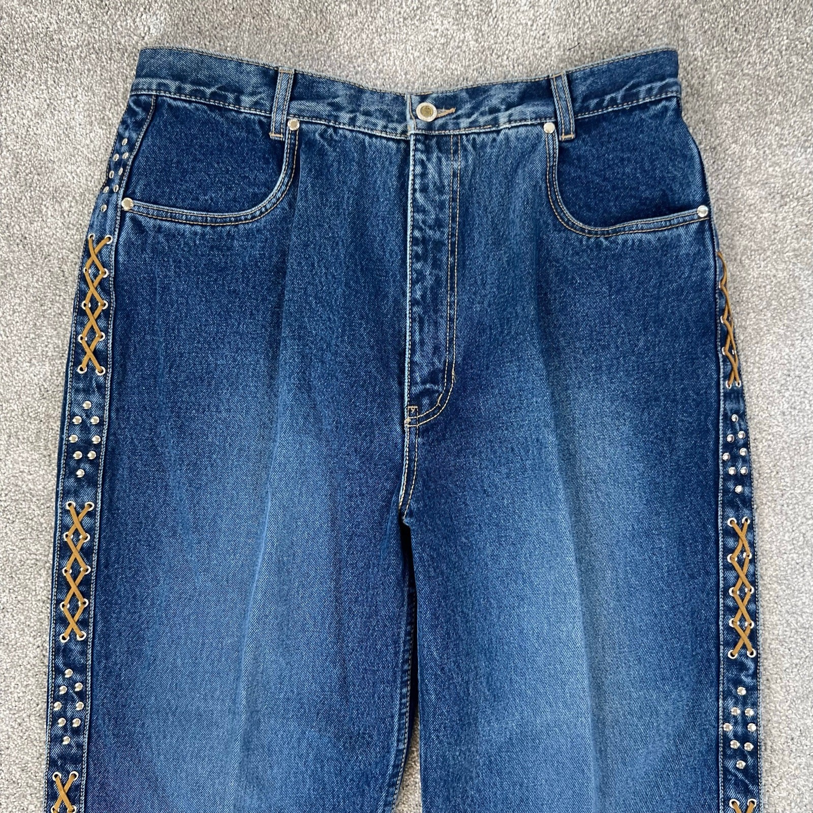 Vintage Lawman Western Bareback Studded Criss Cross Leather Denim Jeans (Sz 36)