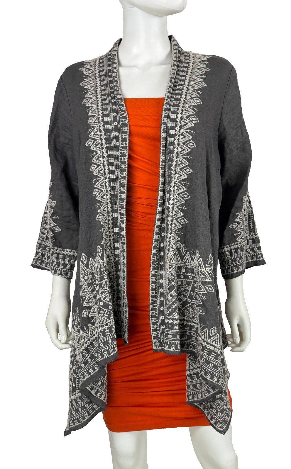 Johnny Was Gray 100% Linen Kimono Cardigan Top 8 10 US 44 46 IT M Embroidered