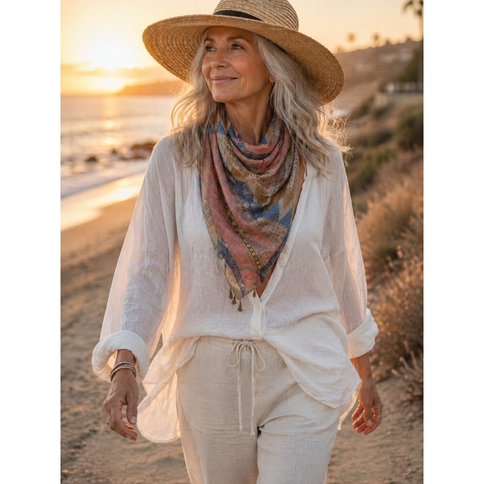 Boho Geometric Scarf Wrap – Pink Blue Tan Lightweight Patterned Shawl