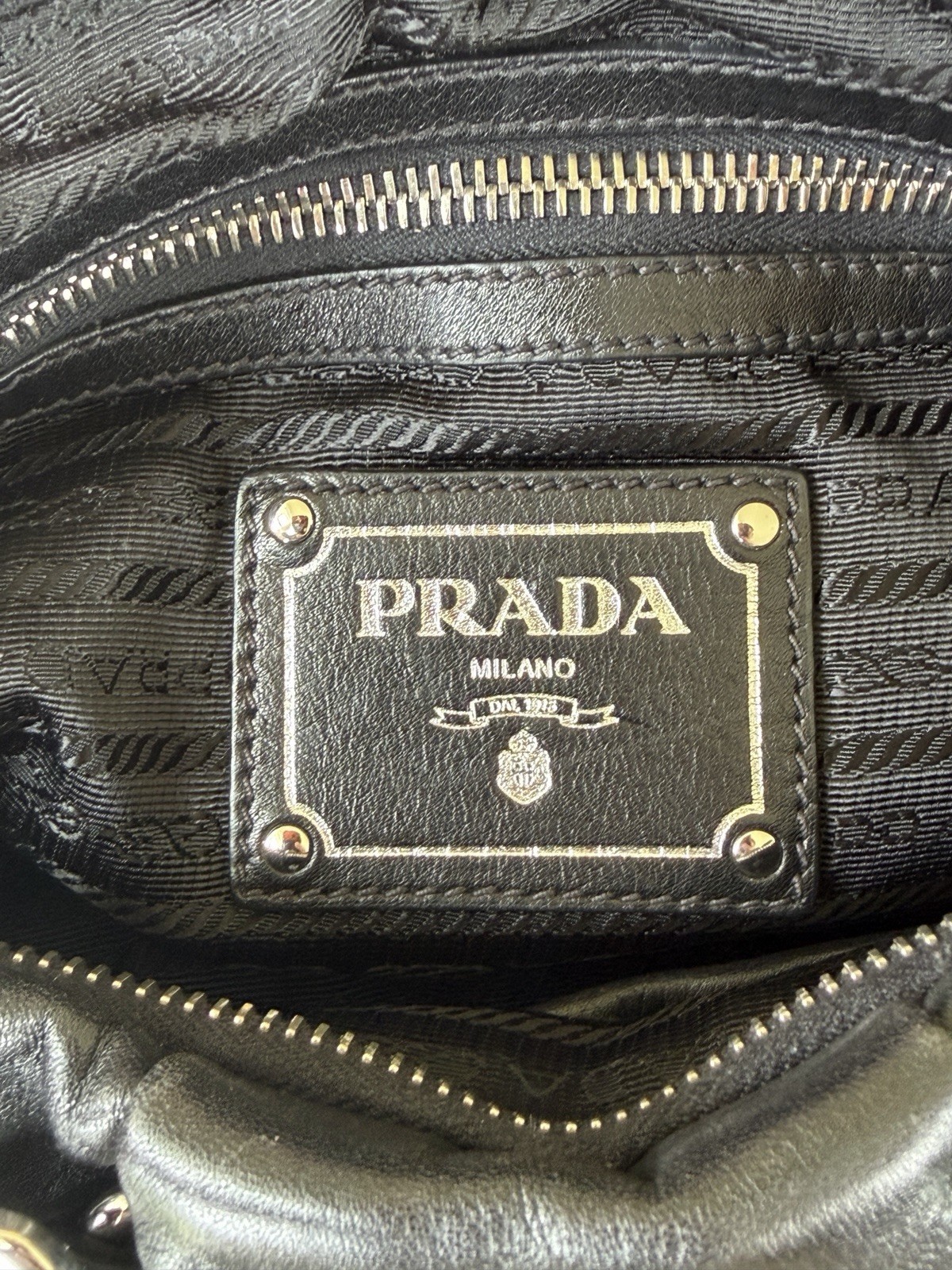 PRADA Black Crescent Shoulder Hobo Bag Zip Silver Hardware Logo Strap Pockets