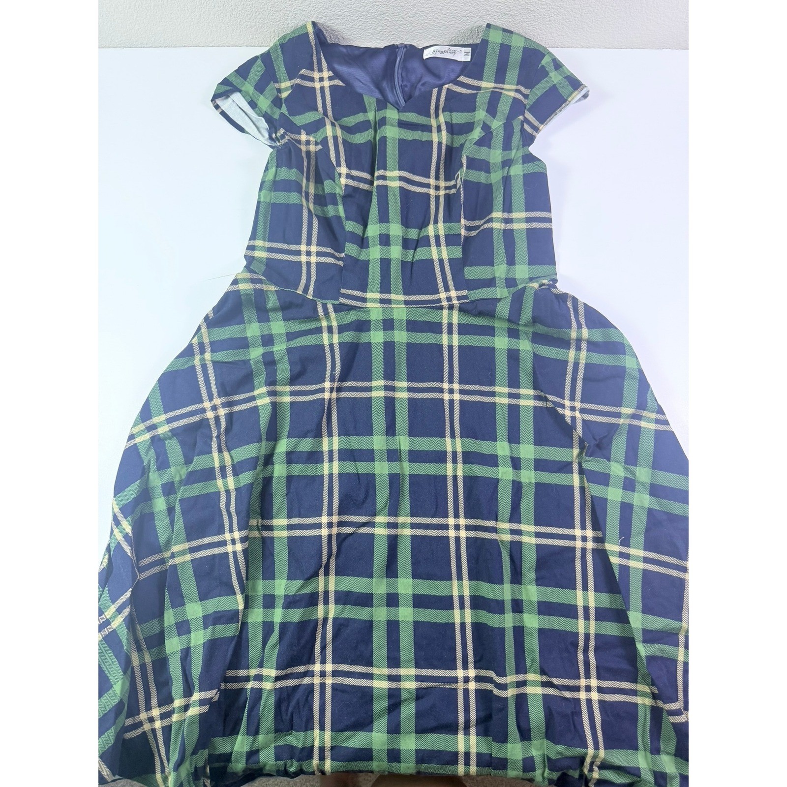 1950s Retro Style Green Navy Plaid Fit & Flare Rockabilly Vintage Style Dress M