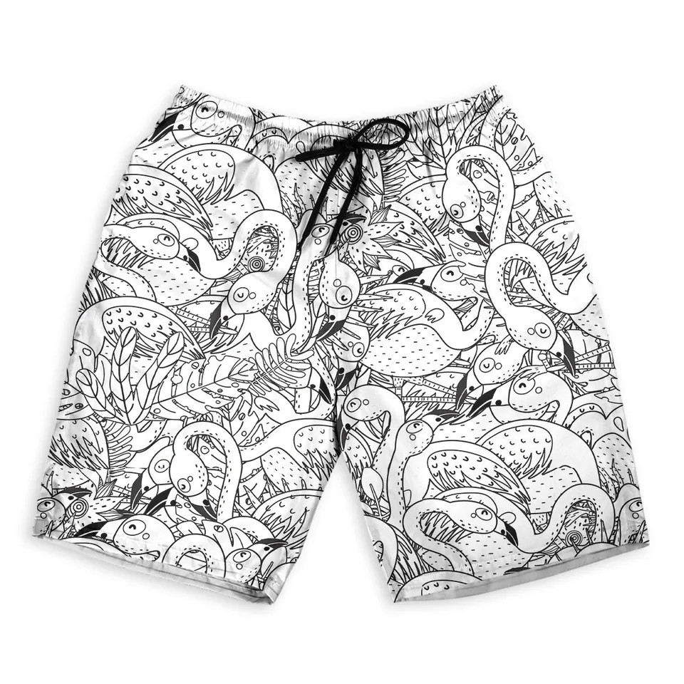 Black White Flamingo Hawaiian Shorts Mens Summer Beach Tropical