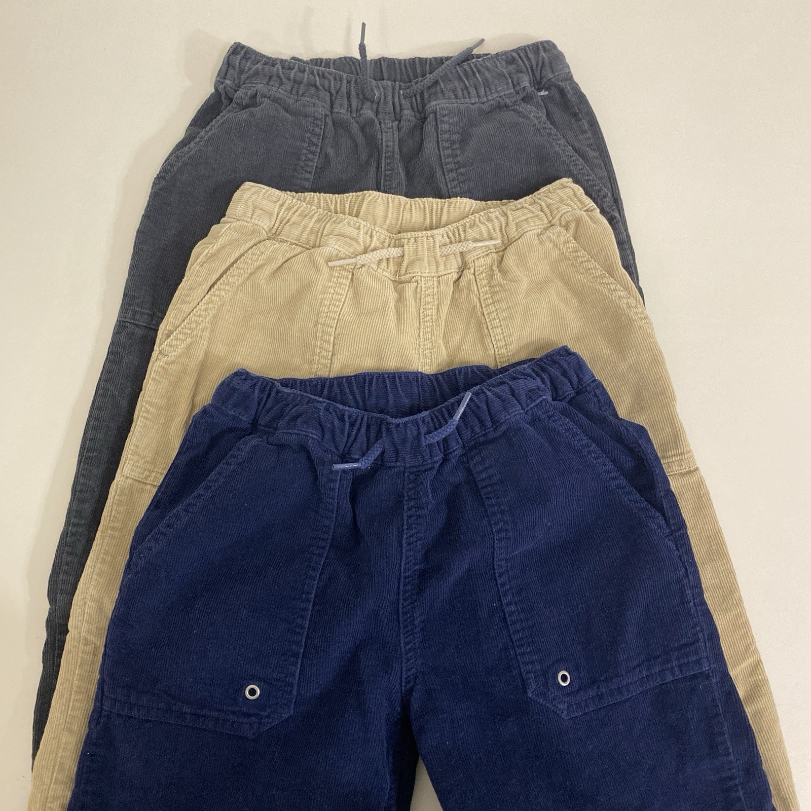 Lot of 3 Hanna Andersson Corduroy Pants Boys 6/7 Blue Beige Gray Pull On Elastic