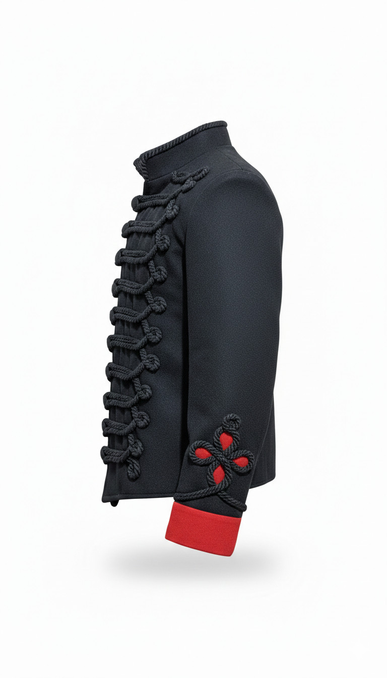 Men’s Hussar Military Braided Jacket Black Red Band Uniform Gothic Coat
