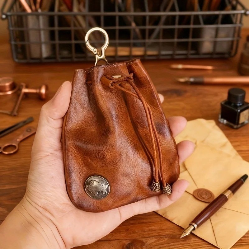 Leather Wallet Coin Pouch Case Drawstring String Bag Small Purse For Men Women