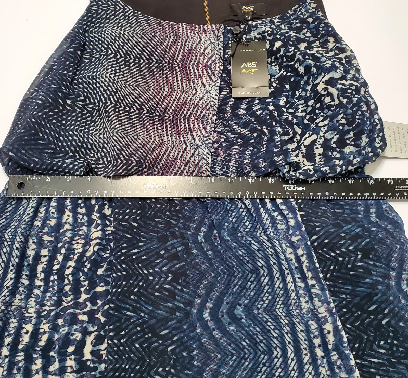 ABS Allen Schwartz Chic Resort Maxi Dress 16 Blue Geometric Sheer Overlay $328
