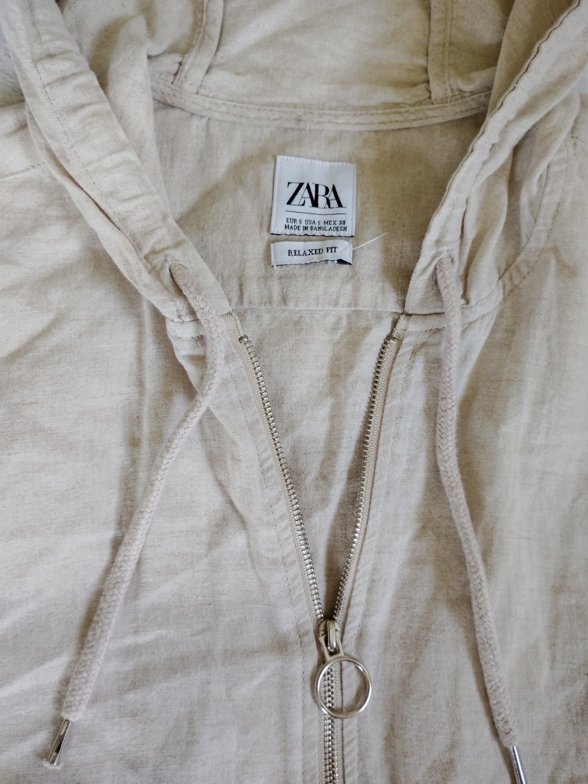 ZARA Mens Hooded 1/4 Zip Pullover Ring, Shirt Linen Blend Beige SZ Small Coastal