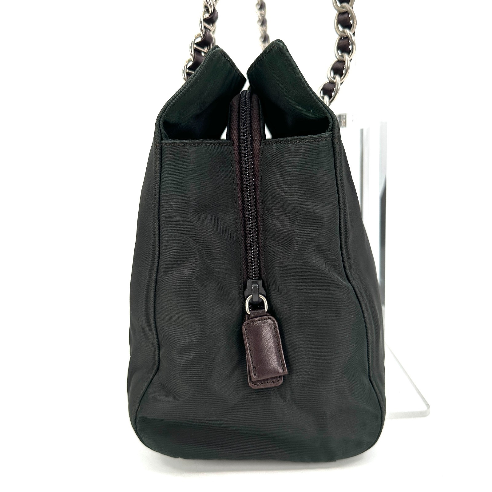 PRADA Shoulder Bag Cain Nylon Leather Green Khaki Triangle Logo Plate Black Auth