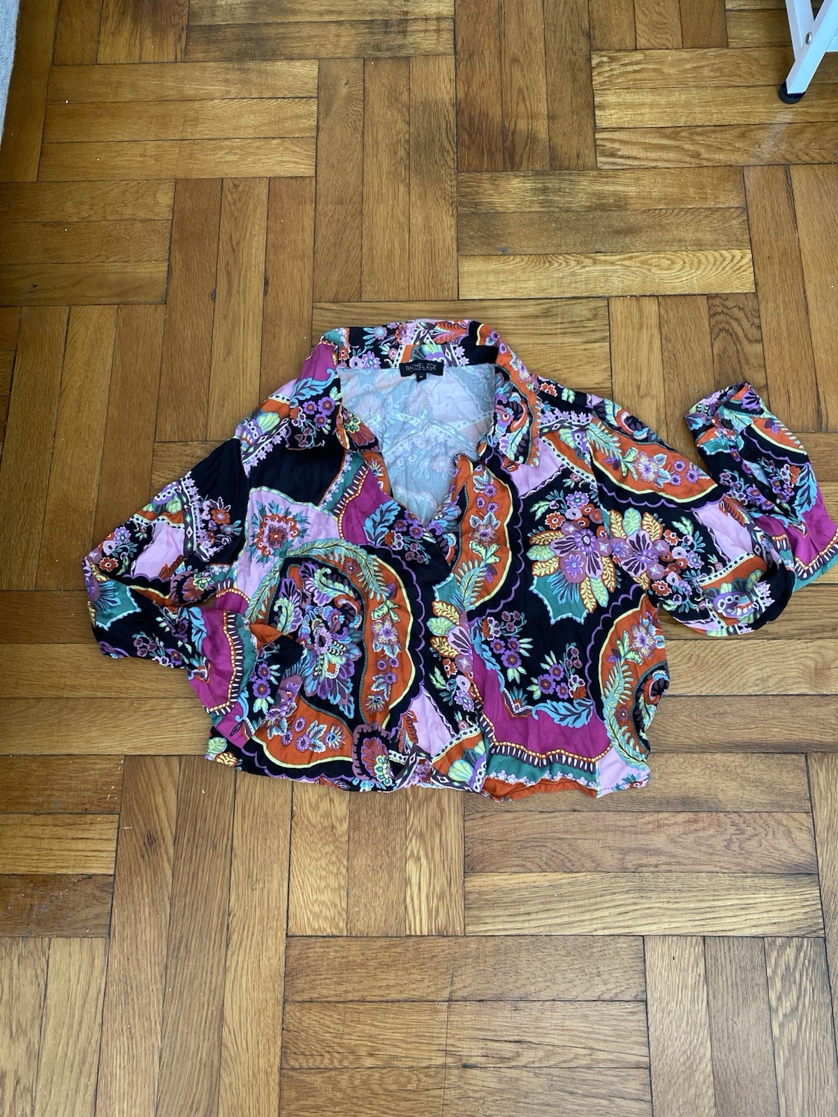 Rachel Zoe Cropped Paisley Floral Button-Up Blouse XL Boho 100% Rayon