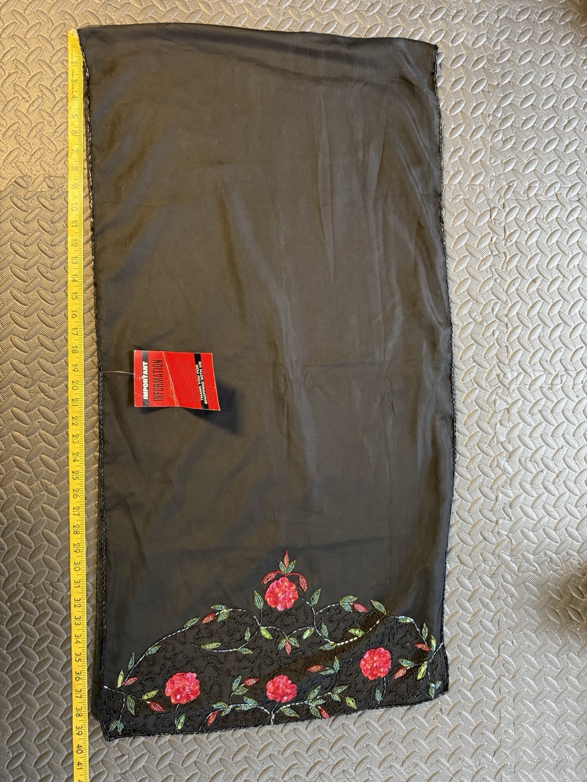 Styleworks Black Silk Scarf With Intricate Floral Beadwork New 20x76in