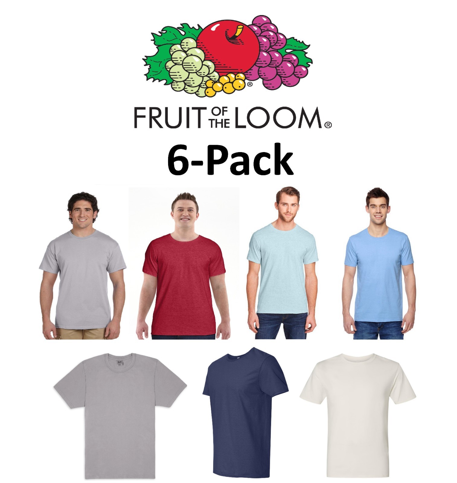Fruit of the Loom Men’s 6 PK Iconic T-Shirts – Assorted Colors Size S to 4XL