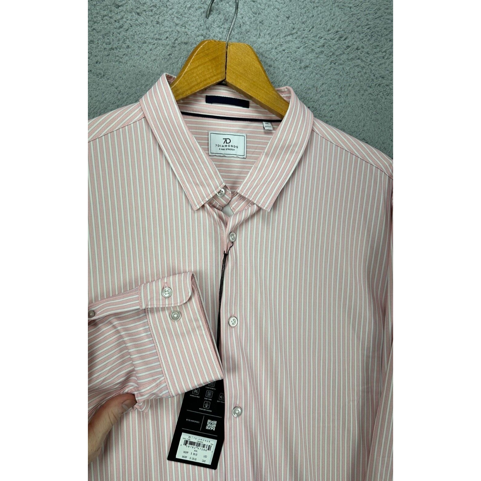 NEW 7 Diamonds 7D Shirt Mens Medium Pink Camden Stripe Button Up 4 Way Stretch