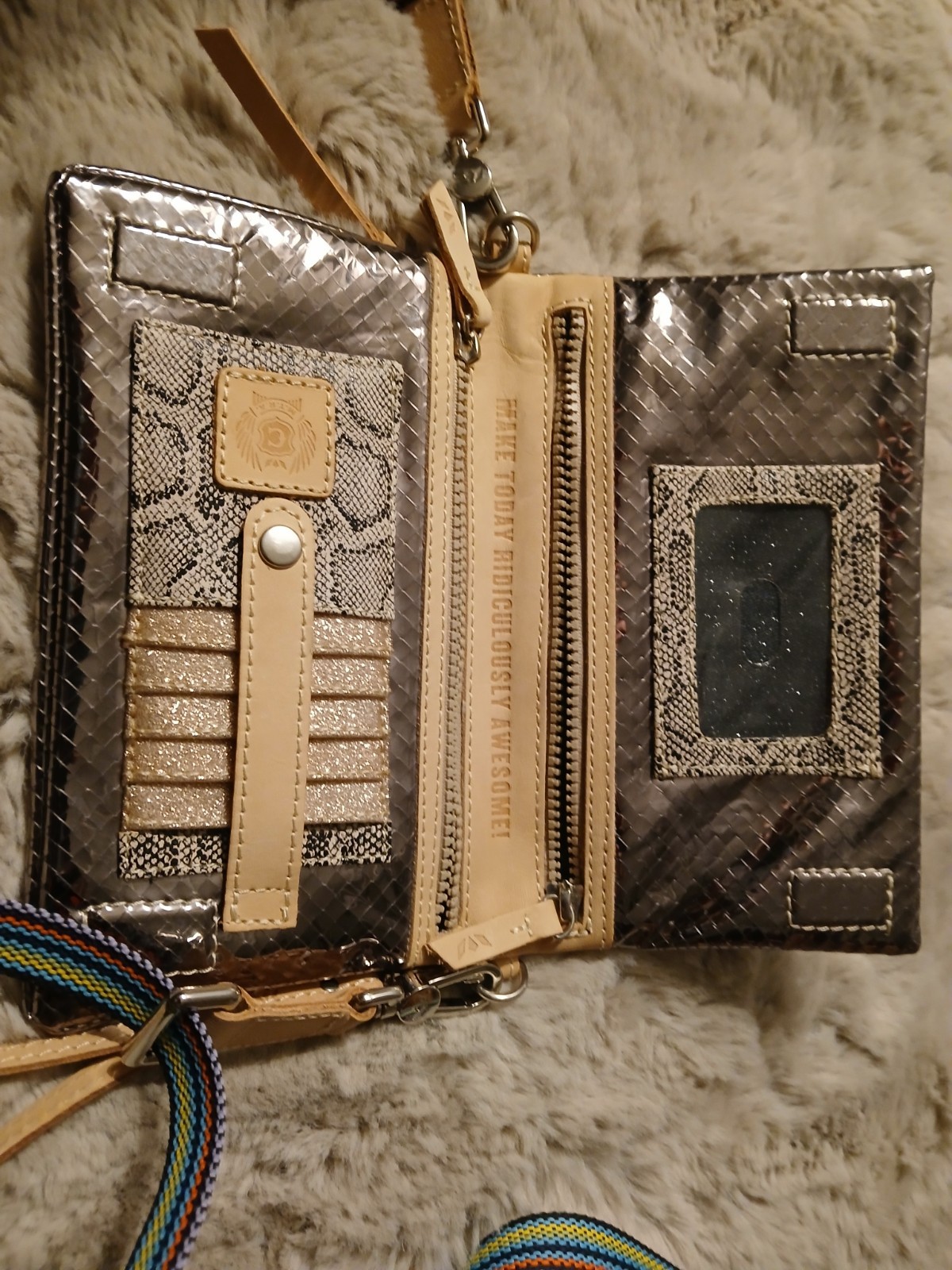 Consuela Metallic Silver Wristlet/ Crossbody Wallet Zip Card Slots ID Window