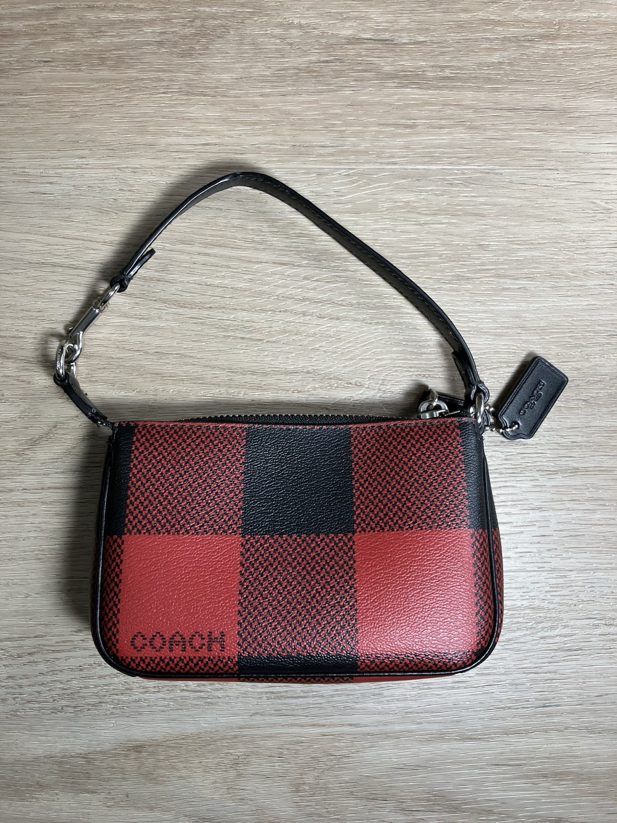 COACH Nolita 15 Zip Wristlet Pouch Red Black Buffalo Plaid Vegan Leather C1580