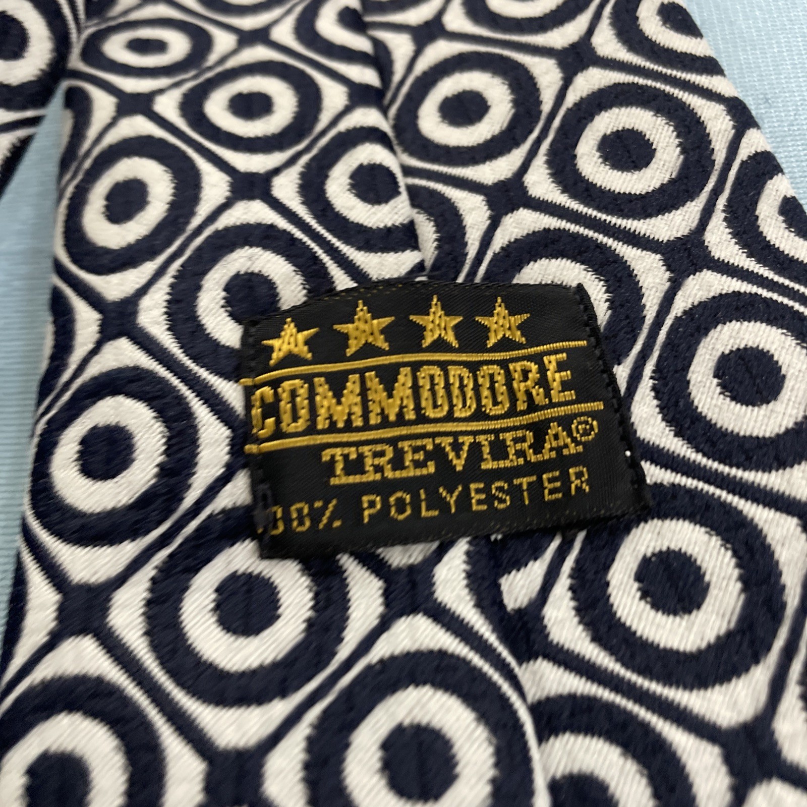 Commodore Trevira Atomic MCM Tie Geometry Circles Blue Wide Vtg 60s Necktie 4×51
