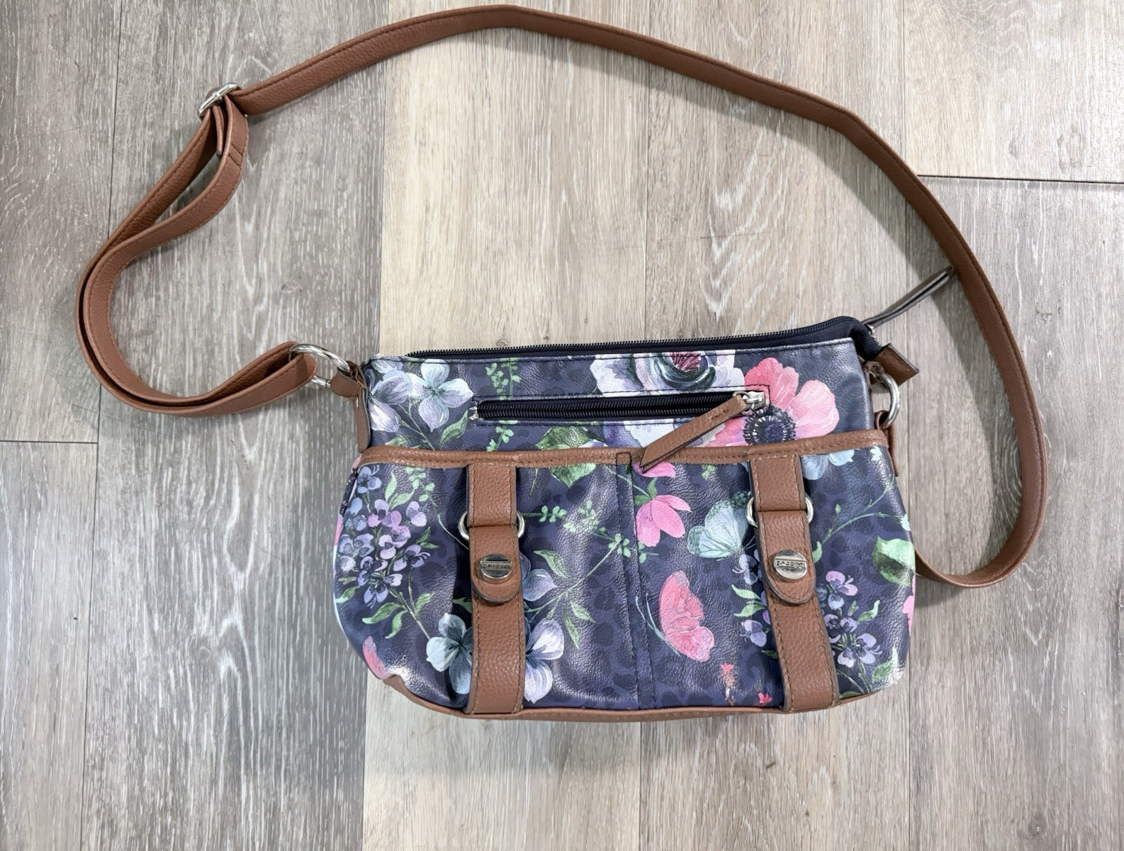 Women’s Small Navy Floral Crossbody Bag Brown Strap Zip, Pockets Lined Rosetti