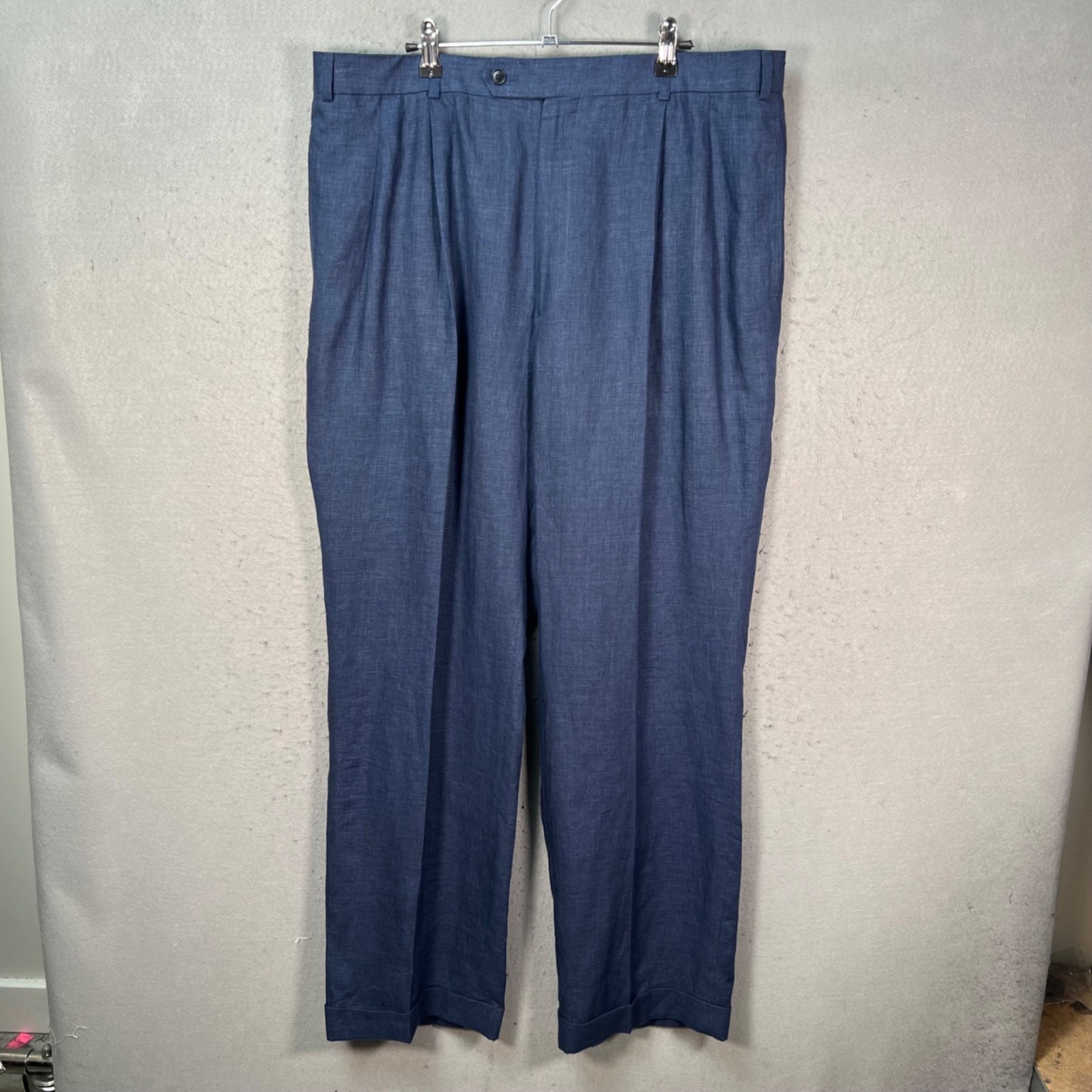 Haspel Mens Size 38 x 32 100% Linen Blue Pleated Cuffed Dress Pants