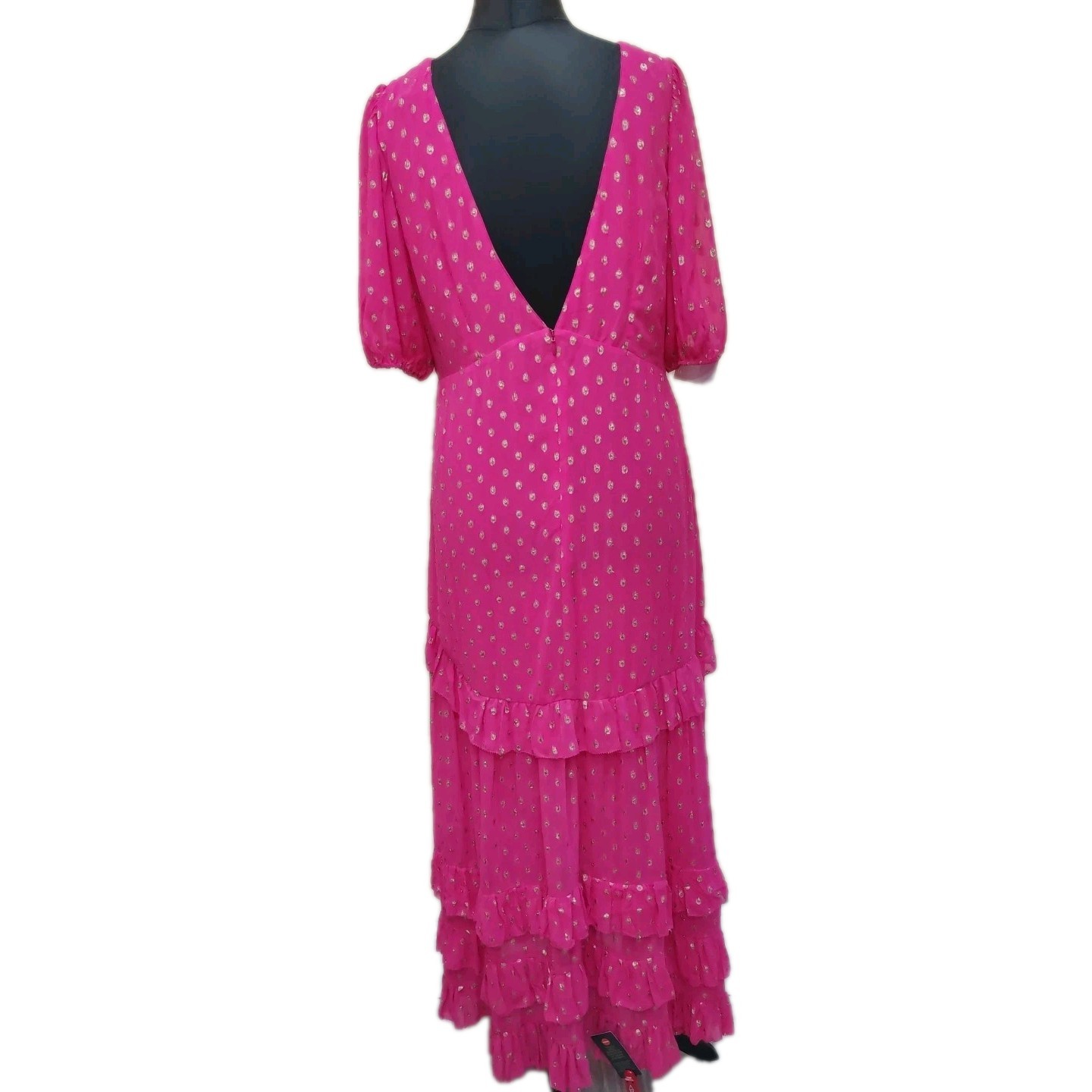 Rixo Pink Gold Dot Midi Dress XXL Size 18 Shireen Layers Sheer V-back Wedding