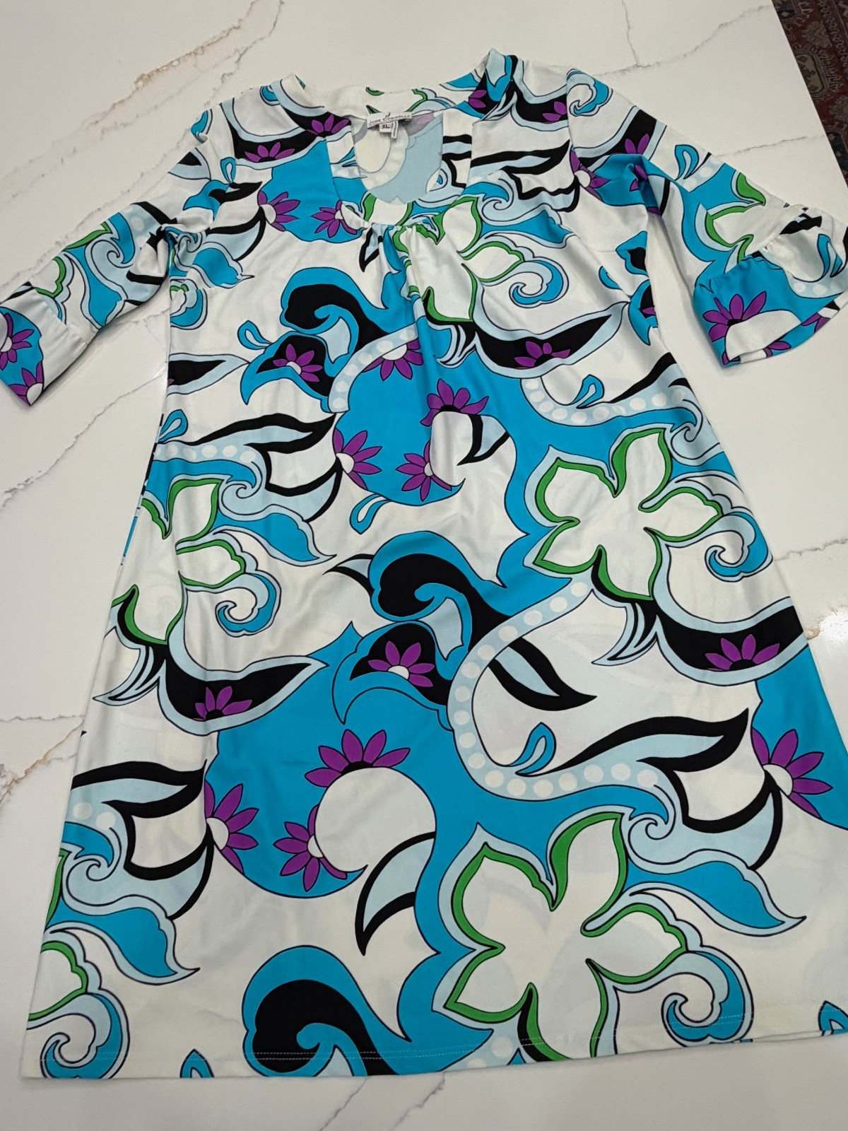 Jude Connally Turquoise and White Jersey Shift Dress Size XL 3/4 Ruffle Sleeve