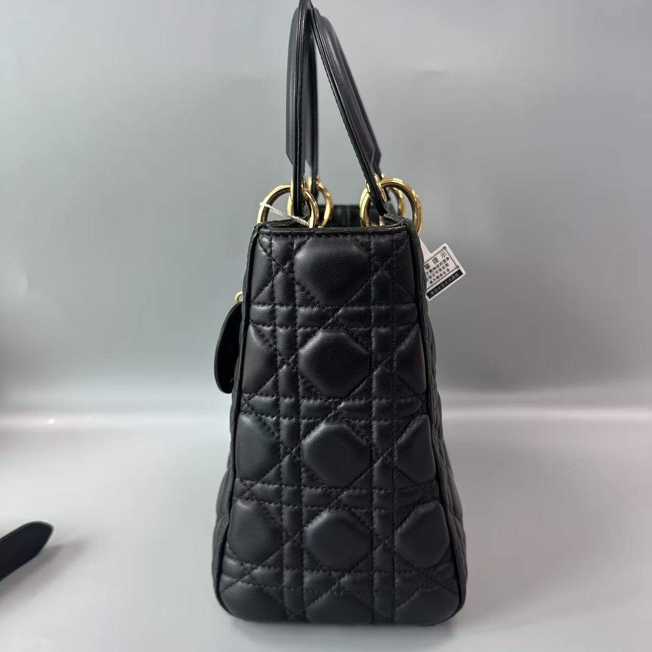 Auth Christian Dior Lady Dior Medium Black Lambskin Gold Hardware Handbag